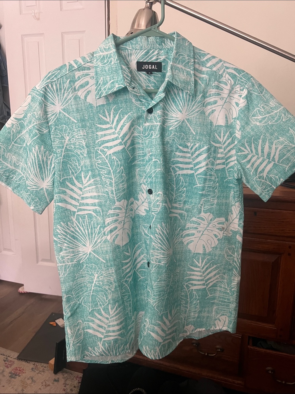 JOGAL Men's Aqua Tropical-Print Short Sleeve Button-Down Shirt